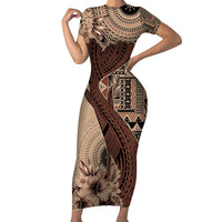 Bula Fiji Family Matching Short Sleeve Bodycon Dress and Hawaiian Shirt Shark Tail Beige Masi Tapa LT7 Mom's Dress Beige - Polynesian Pride
