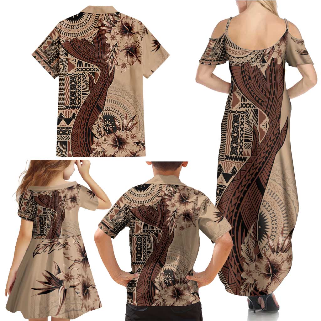 Bula Fiji Family Matching Summer Maxi Dress and Hawaiian Shirt Shark Tail Beige Masi Tapa LT7 - Polynesian Pride