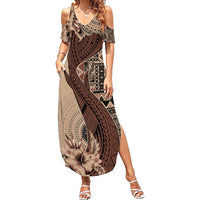 Bula Fiji Family Matching Summer Maxi Dress and Hawaiian Shirt Shark Tail Beige Masi Tapa LT7 Mom's Dress Beige - Polynesian Pride