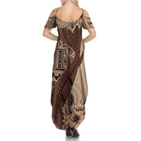 Bula Fiji Family Matching Summer Maxi Dress and Hawaiian Shirt Shark Tail Beige Masi Tapa LT7 - Polynesian Pride