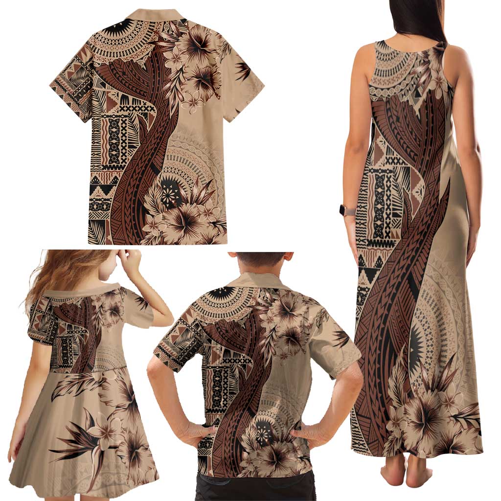 Bula Fiji Family Matching Tank Maxi Dress and Hawaiian Shirt Shark Tail Beige Masi Tapa LT7 - Polynesian Pride