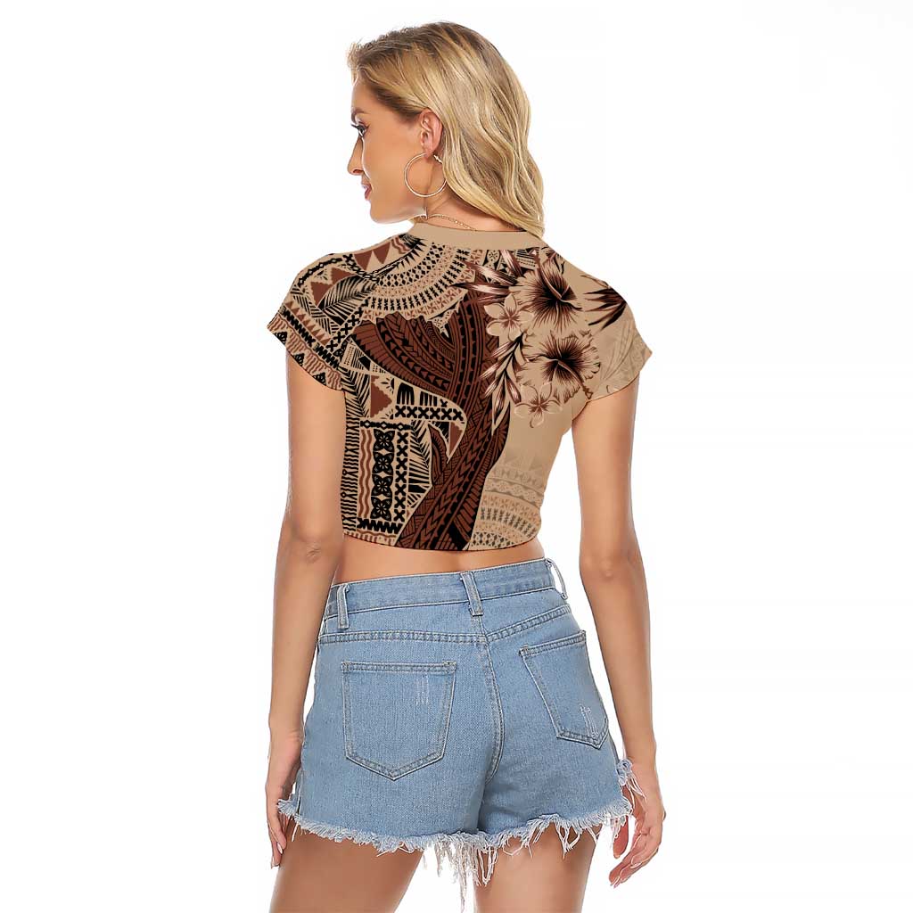 Bula Fiji Raglan Cropped T Shirt Shark Tail Beige Masi Tapa