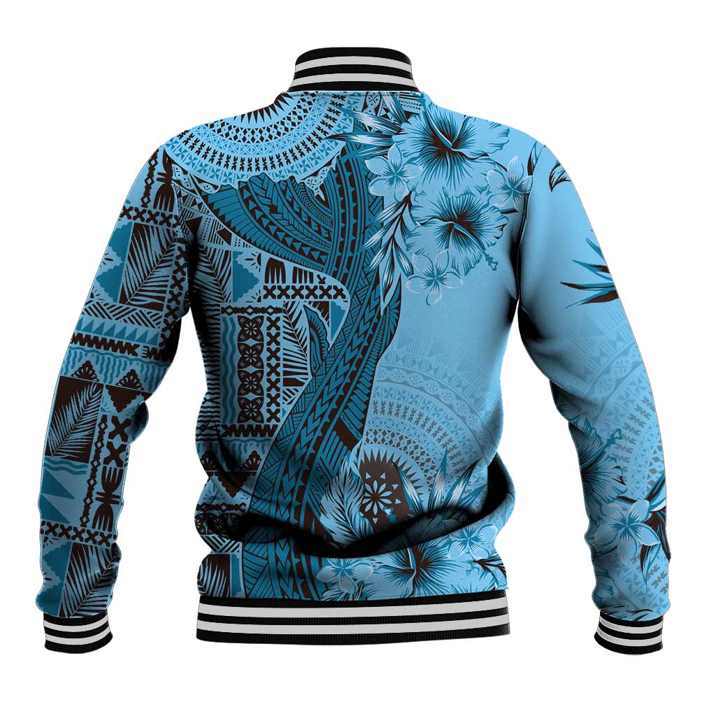Bula Fiji Baseball Jacket Shark Tail Turquoise Masi Tapa