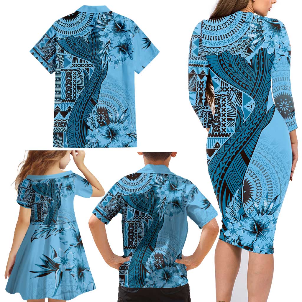 Bula Fiji Family Matching Long Sleeve Bodycon Dress and Hawaiian Shirt Shark Tail Turquoise Masi Tapa LT7 - Polynesian Pride