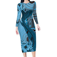 Bula Fiji Family Matching Long Sleeve Bodycon Dress and Hawaiian Shirt Shark Tail Turquoise Masi Tapa LT7 Mom's Dress Turquoise - Polynesian Pride