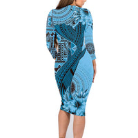 Bula Fiji Family Matching Long Sleeve Bodycon Dress and Hawaiian Shirt Shark Tail Turquoise Masi Tapa LT7 - Polynesian Pride