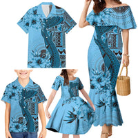 Bula Fiji Family Matching Mermaid Dress and Hawaiian Shirt Shark Tail Turquoise Masi Tapa LT7 - Polynesian Pride