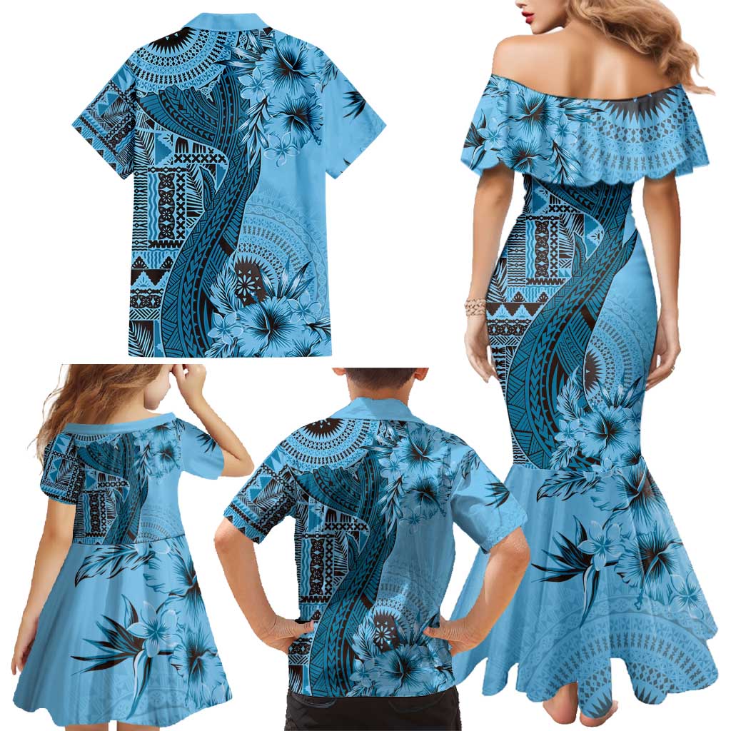 Bula Fiji Family Matching Mermaid Dress and Hawaiian Shirt Shark Tail Turquoise Masi Tapa LT7 - Polynesian Pride