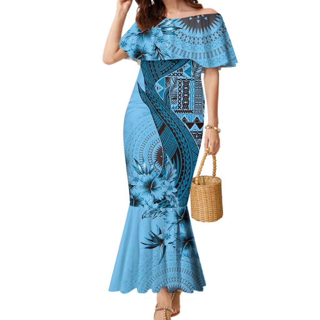 Bula Fiji Family Matching Mermaid Dress and Hawaiian Shirt Shark Tail Turquoise Masi Tapa LT7 Mom's Dress Turquoise - Polynesian Pride