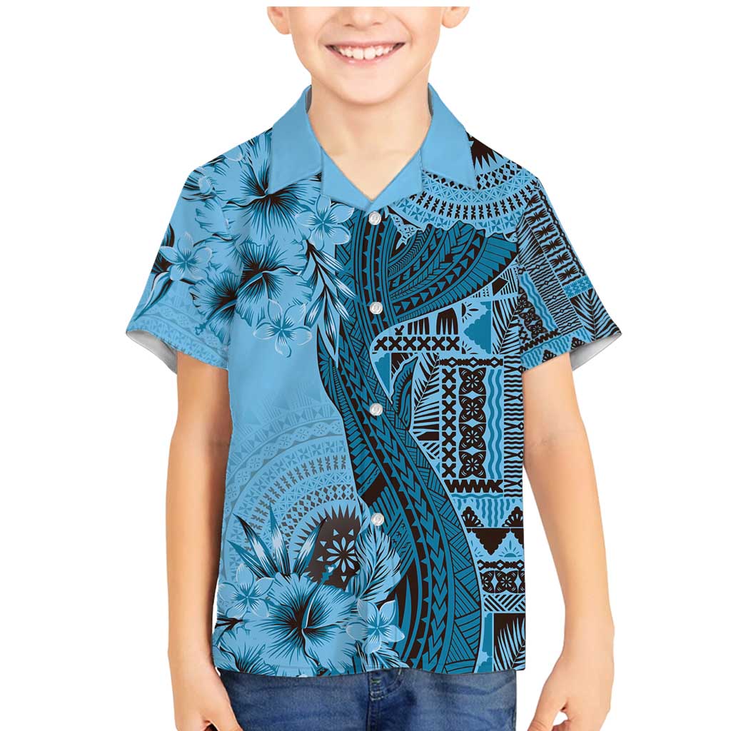 Bula Fiji Family Matching Mermaid Dress and Hawaiian Shirt Shark Tail Turquoise Masi Tapa LT7 Son's Shirt Turquoise - Polynesian Pride