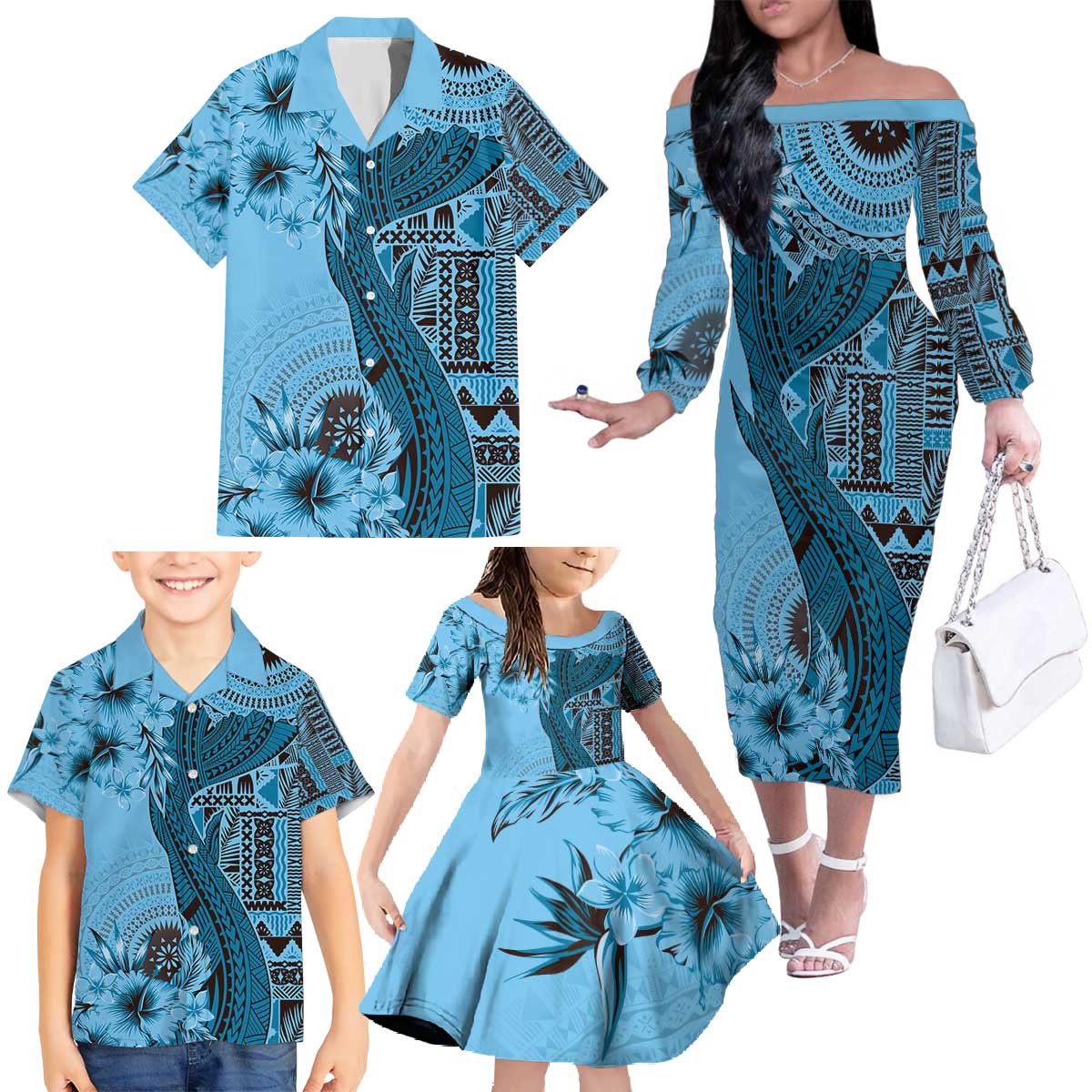 Bula Fiji Family Matching Off The Shoulder Long Sleeve Dress and Hawaiian Shirt Shark Tail Turquoise Masi Tapa LT7 - Polynesian Pride