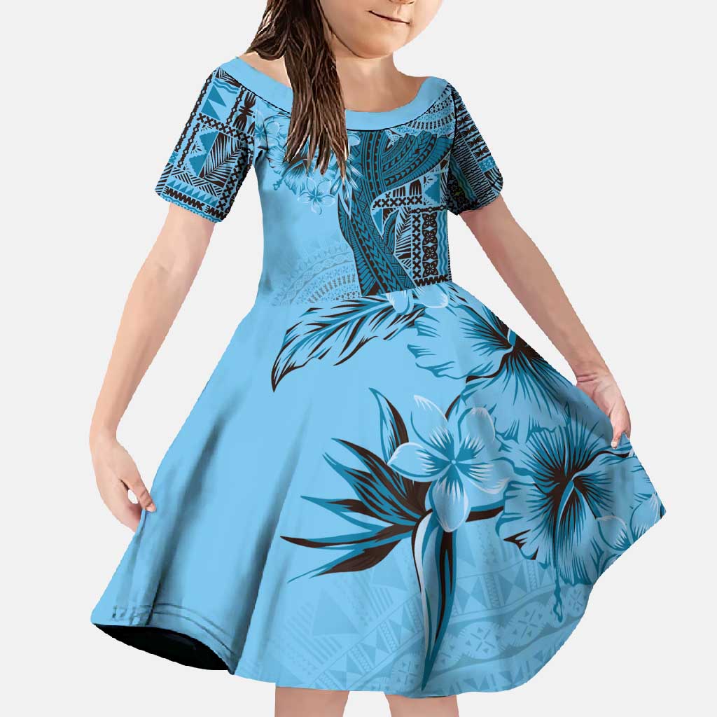 Bula Fiji Family Matching Off Shoulder Maxi Dress and Hawaiian Shirt Shark Tail Turquoise Masi Tapa LT7 Daughter's Dress Turquoise - Polynesian Pride