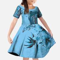 Bula Fiji Family Matching Off Shoulder Maxi Dress and Hawaiian Shirt Shark Tail Turquoise Masi Tapa LT7 Daughter's Dress Turquoise - Polynesian Pride