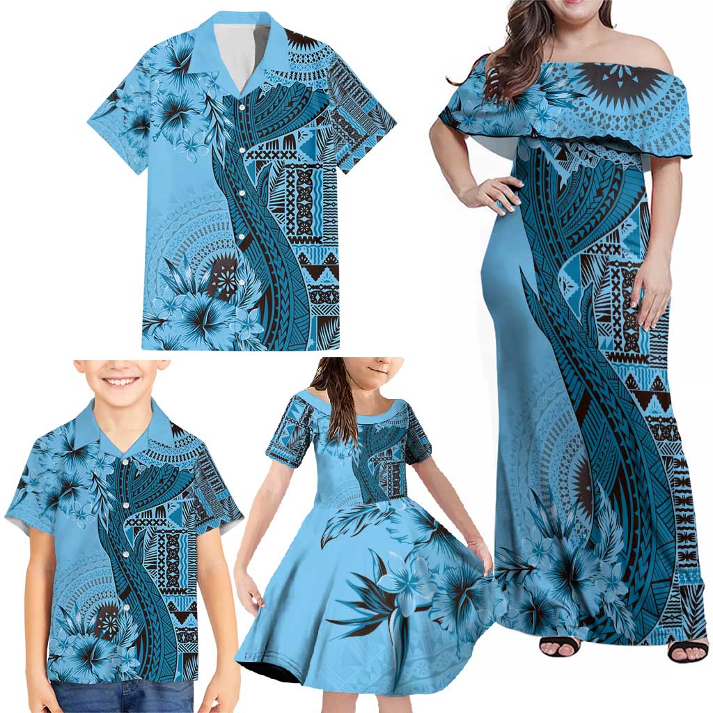 Bula Fiji Family Matching Off Shoulder Maxi Dress and Hawaiian Shirt Shark Tail Turquoise Masi Tapa LT7 - Polynesian Pride