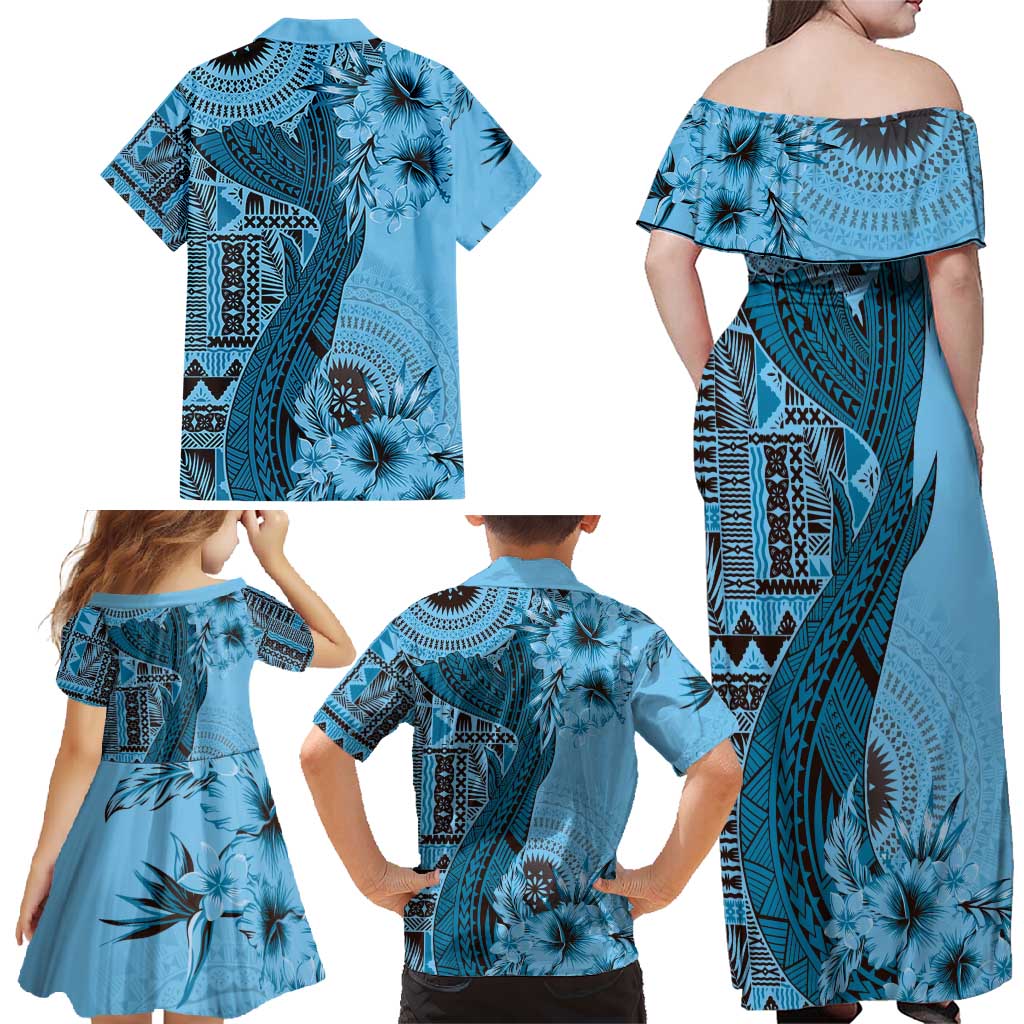 Bula Fiji Family Matching Off Shoulder Maxi Dress and Hawaiian Shirt Shark Tail Turquoise Masi Tapa LT7 - Polynesian Pride