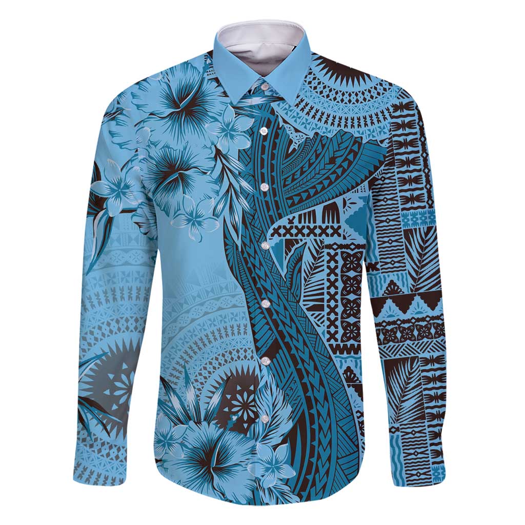 Bula Fiji Family Matching Off Shoulder Maxi Dress and Hawaiian Shirt Shark Tail Turquoise Masi Tapa LT7 Dad's Shirt - Long Sleeve Turquoise - Polynesian Pride