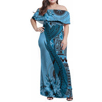 Bula Fiji Family Matching Off Shoulder Maxi Dress and Hawaiian Shirt Shark Tail Turquoise Masi Tapa LT7 Mom's Dress Turquoise - Polynesian Pride