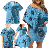 Bula Fiji Family Matching Off Shoulder Short Dress and Hawaiian Shirt Shark Tail Turquoise Masi Tapa LT7 - Polynesian Pride