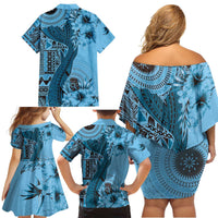 Bula Fiji Family Matching Off Shoulder Short Dress and Hawaiian Shirt Shark Tail Turquoise Masi Tapa LT7 - Polynesian Pride