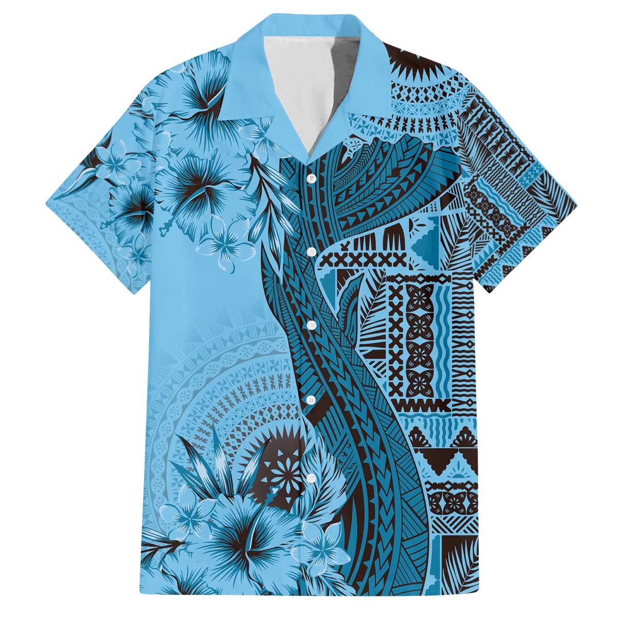 Bula Fiji Family Matching Off Shoulder Short Dress and Hawaiian Shirt Shark Tail Turquoise Masi Tapa LT7 Dad's Shirt - Short Sleeve Turquoise - Polynesian Pride