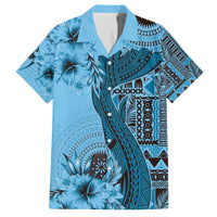Bula Fiji Family Matching Off Shoulder Short Dress and Hawaiian Shirt Shark Tail Turquoise Masi Tapa LT7 Dad's Shirt - Short Sleeve Turquoise - Polynesian Pride