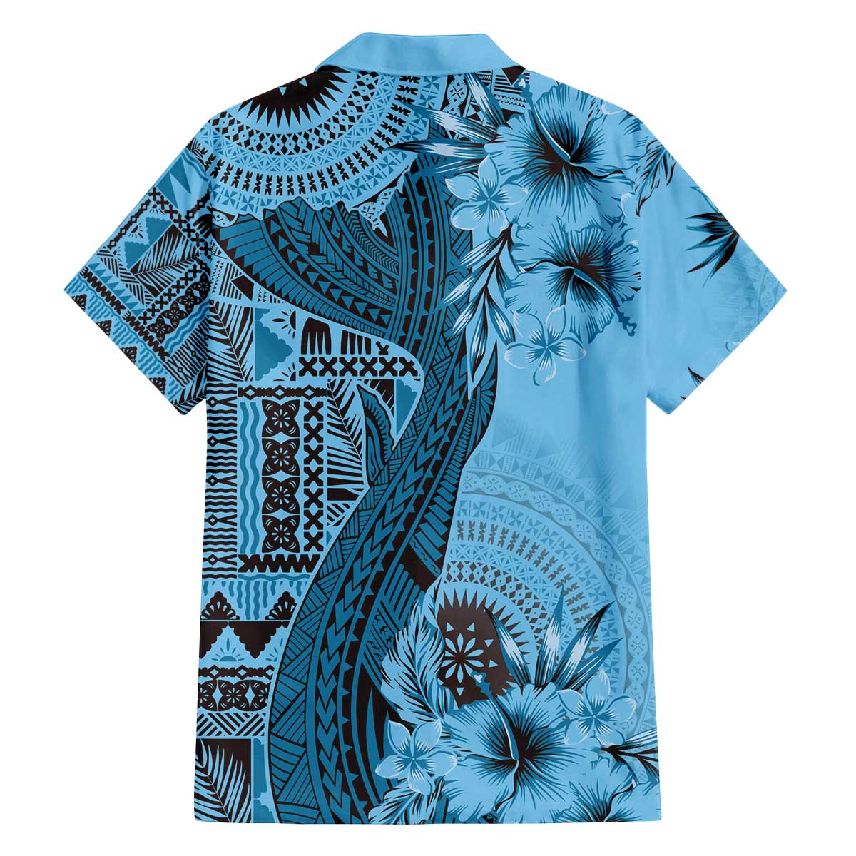 Bula Fiji Family Matching Off Shoulder Short Dress and Hawaiian Shirt Shark Tail Turquoise Masi Tapa LT7 - Polynesian Pride
