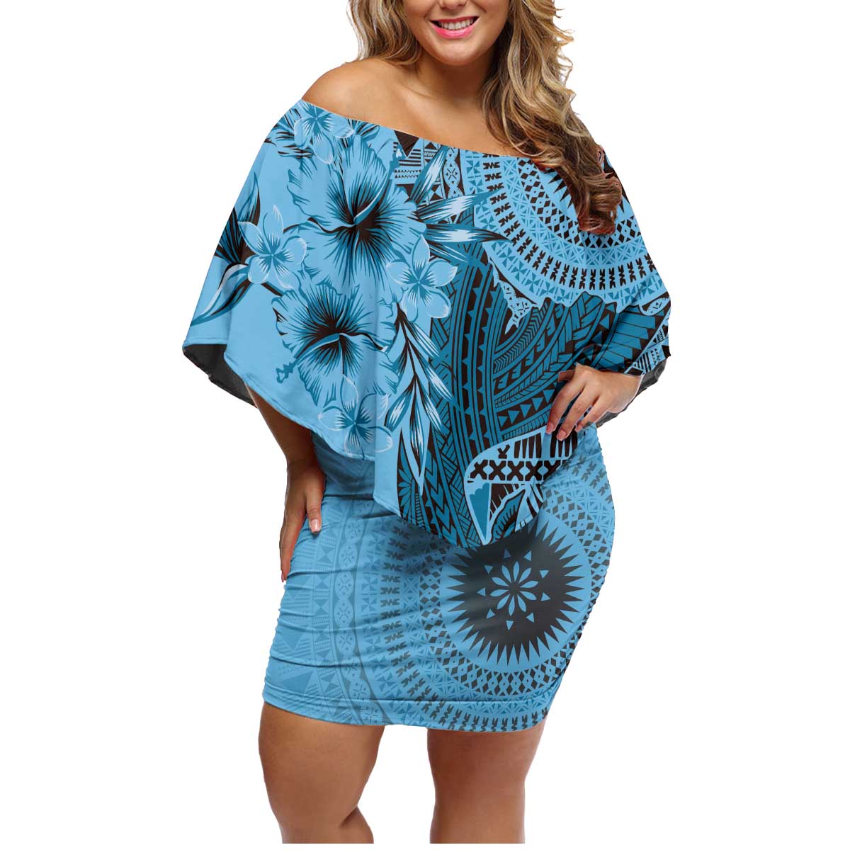 Bula Fiji Family Matching Off Shoulder Short Dress and Hawaiian Shirt Shark Tail Turquoise Masi Tapa LT7 Mom's Dress Turquoise - Polynesian Pride