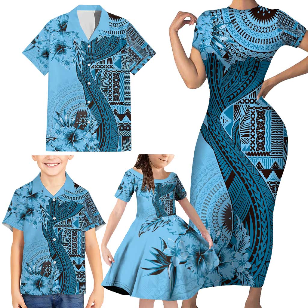 Bula Fiji Family Matching Short Sleeve Bodycon Dress and Hawaiian Shirt Shark Tail Turquoise Masi Tapa LT7 - Polynesian Pride