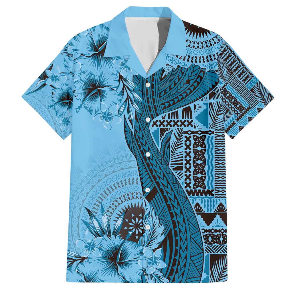 Bula Fiji Family Matching Short Sleeve Bodycon Dress and Hawaiian Shirt Shark Tail Turquoise Masi Tapa LT7 Dad's Shirt - Short Sleeve Turquoise - Polynesian Pride