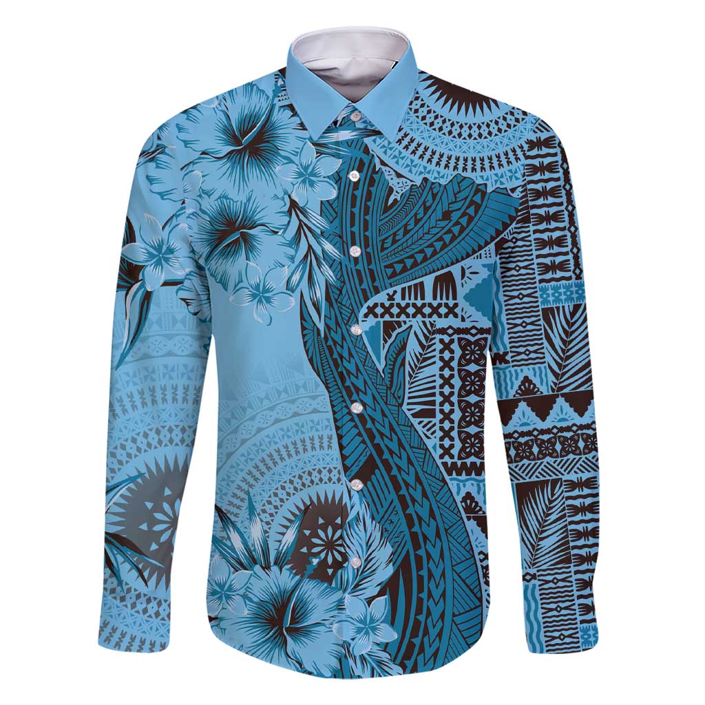 Bula Fiji Family Matching Short Sleeve Bodycon Dress and Hawaiian Shirt Shark Tail Turquoise Masi Tapa LT7 Dad's Shirt - Long Sleeve Turquoise - Polynesian Pride
