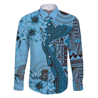 Bula Fiji Family Matching Short Sleeve Bodycon Dress and Hawaiian Shirt Shark Tail Turquoise Masi Tapa LT7 Dad's Shirt - Long Sleeve Turquoise - Polynesian Pride