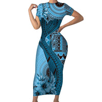 Bula Fiji Family Matching Short Sleeve Bodycon Dress and Hawaiian Shirt Shark Tail Turquoise Masi Tapa LT7 Mom's Dress Turquoise - Polynesian Pride