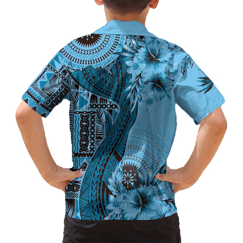 Bula Fiji Family Matching Summer Maxi Dress and Hawaiian Shirt Shark Tail Turquoise Masi Tapa LT7 - Polynesian Pride