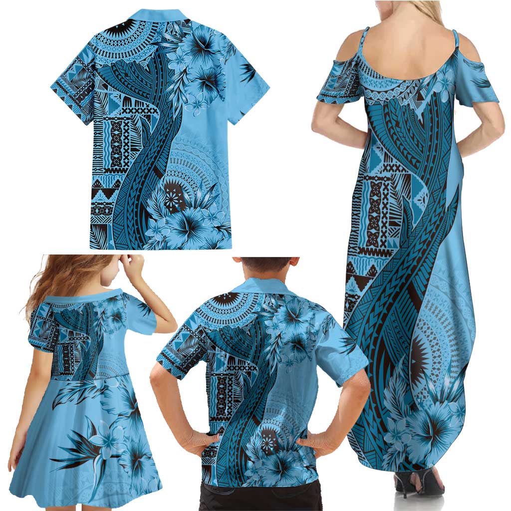 Bula Fiji Family Matching Summer Maxi Dress and Hawaiian Shirt Shark Tail Turquoise Masi Tapa LT7 - Polynesian Pride