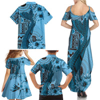 Bula Fiji Family Matching Summer Maxi Dress and Hawaiian Shirt Shark Tail Turquoise Masi Tapa LT7 - Polynesian Pride