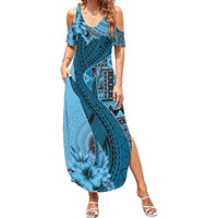 Bula Fiji Family Matching Summer Maxi Dress and Hawaiian Shirt Shark Tail Turquoise Masi Tapa LT7 Mom's Dress Turquoise - Polynesian Pride