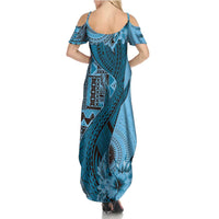 Bula Fiji Family Matching Summer Maxi Dress and Hawaiian Shirt Shark Tail Turquoise Masi Tapa LT7 - Polynesian Pride