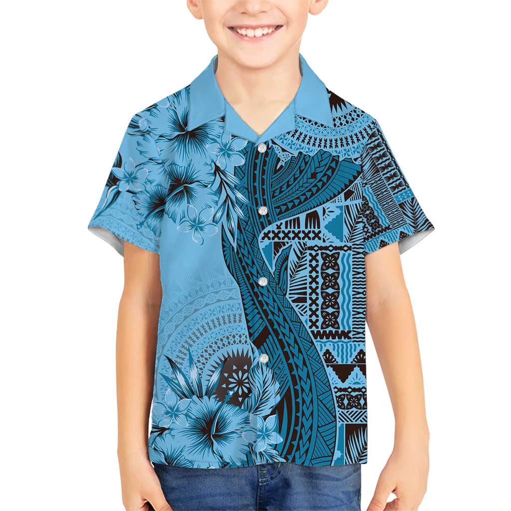 Bula Fiji Family Matching Summer Maxi Dress and Hawaiian Shirt Shark Tail Turquoise Masi Tapa LT7 Son's Shirt Turquoise - Polynesian Pride