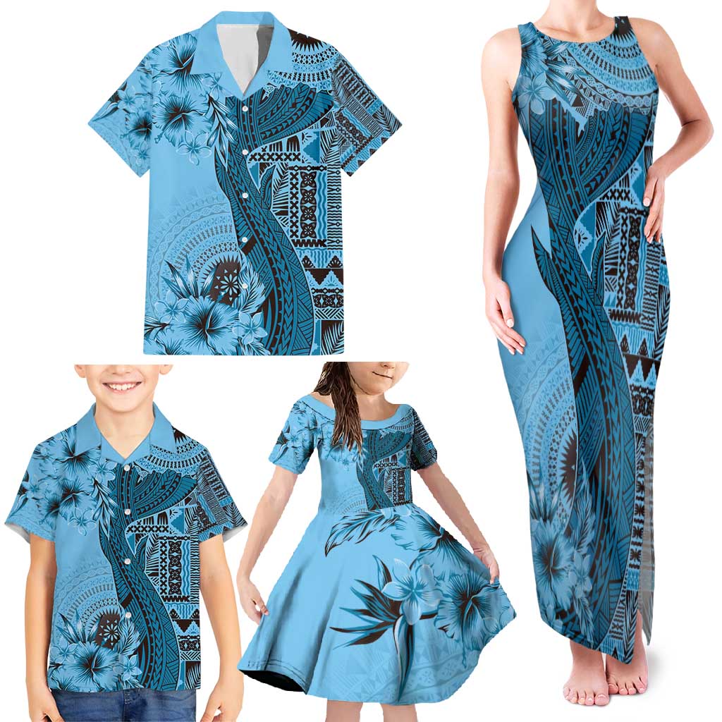 Bula Fiji Family Matching Tank Maxi Dress and Hawaiian Shirt Shark Tail Turquoise Masi Tapa LT7 - Polynesian Pride