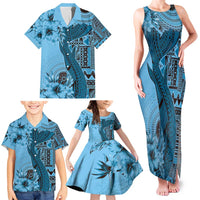 Bula Fiji Family Matching Tank Maxi Dress and Hawaiian Shirt Shark Tail Turquoise Masi Tapa LT7 - Polynesian Pride