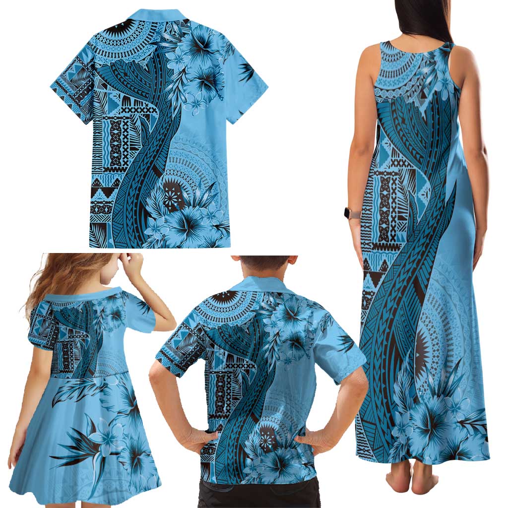 Bula Fiji Family Matching Tank Maxi Dress and Hawaiian Shirt Shark Tail Turquoise Masi Tapa LT7 - Polynesian Pride