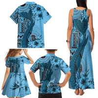 Bula Fiji Family Matching Tank Maxi Dress and Hawaiian Shirt Shark Tail Turquoise Masi Tapa LT7 - Polynesian Pride