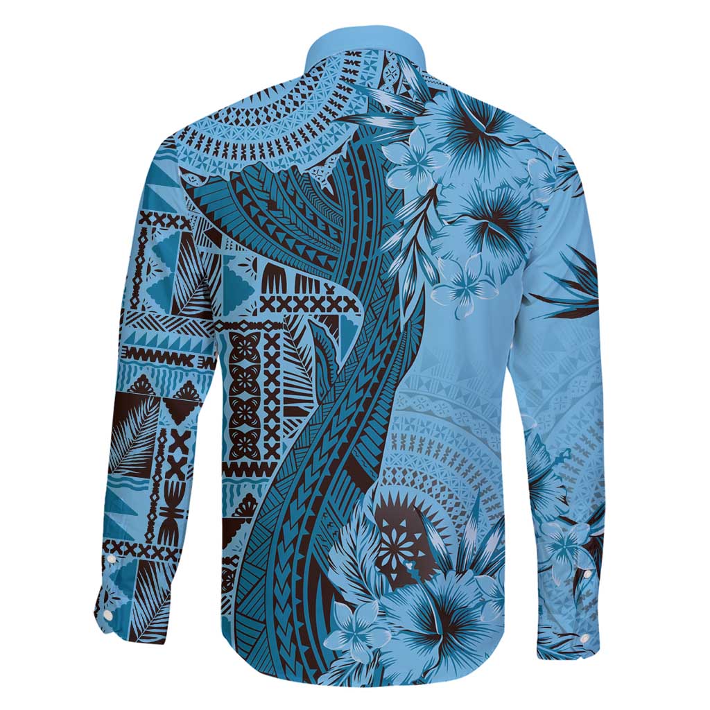 Bula Fiji Family Matching Tank Maxi Dress and Hawaiian Shirt Shark Tail Turquoise Masi Tapa LT7 - Polynesian Pride
