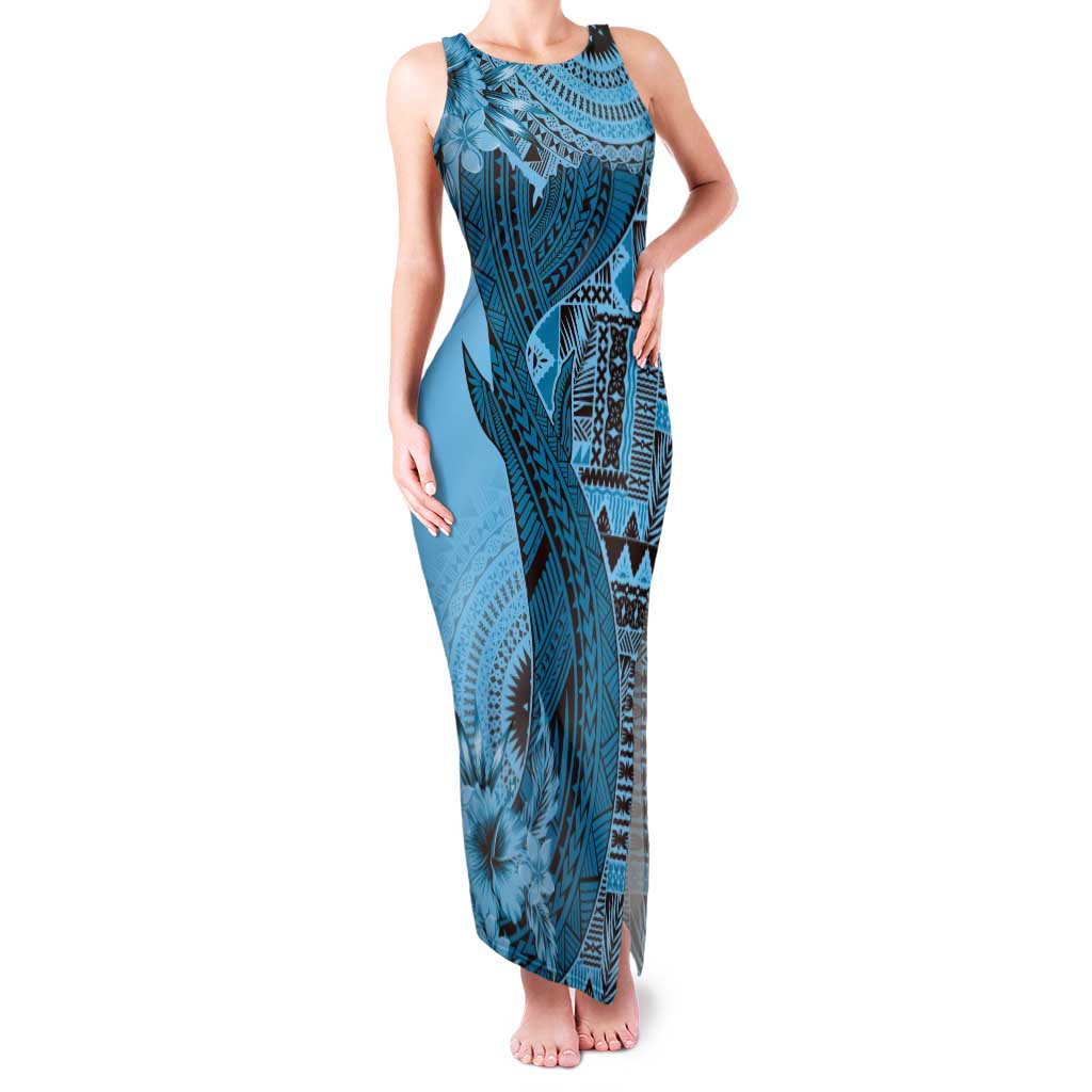 Bula Fiji Family Matching Tank Maxi Dress and Hawaiian Shirt Shark Tail Turquoise Masi Tapa LT7 Mom's Dress Turquoise - Polynesian Pride