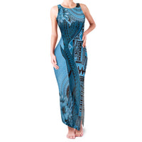 Bula Fiji Family Matching Tank Maxi Dress and Hawaiian Shirt Shark Tail Turquoise Masi Tapa LT7 Mom's Dress Turquoise - Polynesian Pride