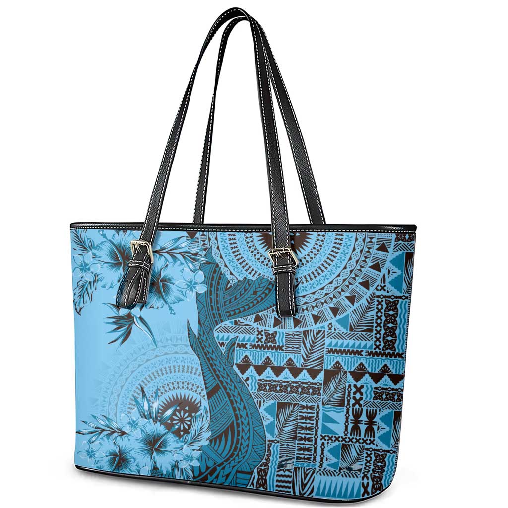 Bula Fiji Leather Tote Bag Shark Tail Turquoise Masi Tapa