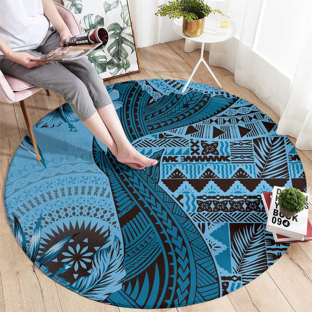 Bula Fiji Round Carpet Shark Tail Turquoise Masi Tapa