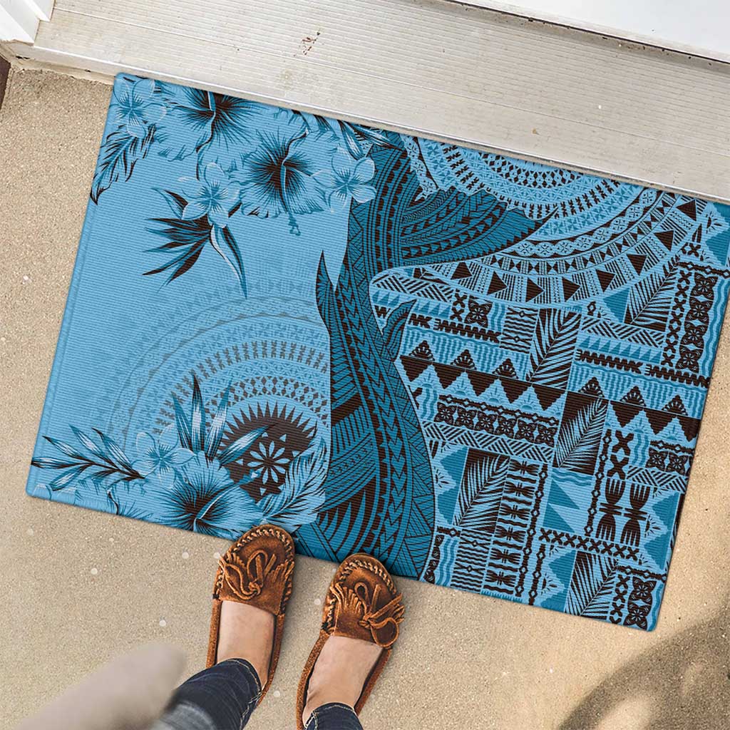 Bula Fiji Rubber Doormat Shark Tail Turquoise Masi Tapa