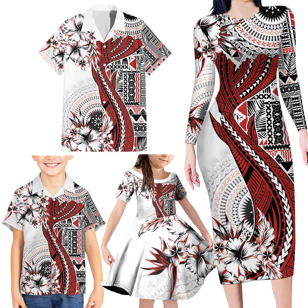 Bula Fiji Family Matching Long Sleeve Bodycon Dress and Hawaiian Shirt Shark Tail White Masi Tapa LT7 - Polynesian Pride