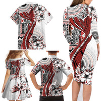 Bula Fiji Family Matching Long Sleeve Bodycon Dress and Hawaiian Shirt Shark Tail White Masi Tapa LT7 - Polynesian Pride